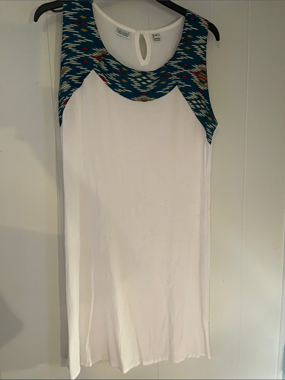 ONE WORLD White Coverup with Teal Patterned Yoke